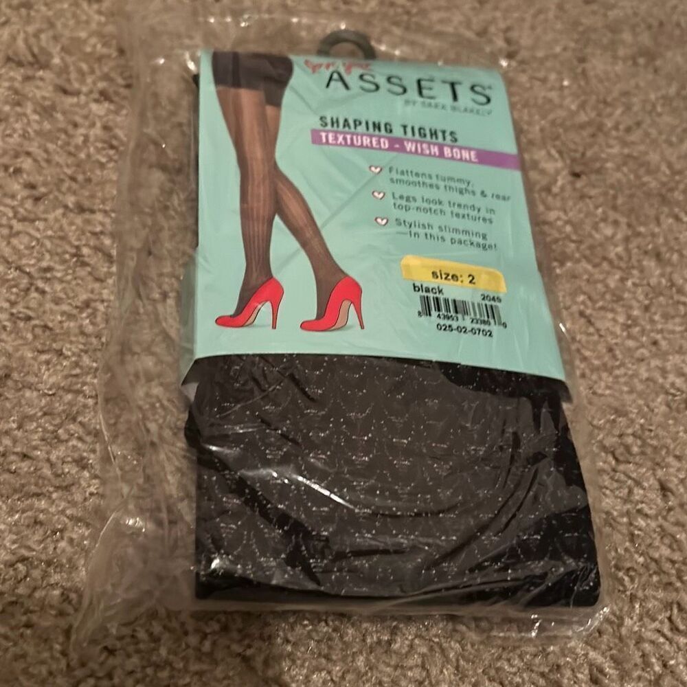 Love Assets By Spanx Size 2 Shaping Smoothing Tights Black Textured Wishbone New